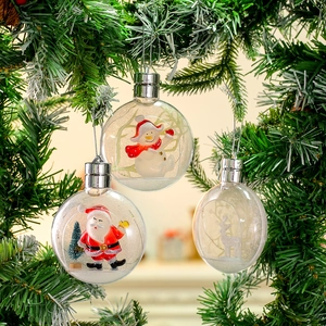 Transparent Christmas ornaments featuring snowman, Santa, and reindeer figures on a tree