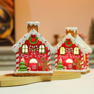 Glowing Christmas Gingerbread House With Music Resin Tabletop Ornament Snow House Sculpture For Holiday Party Home Decor