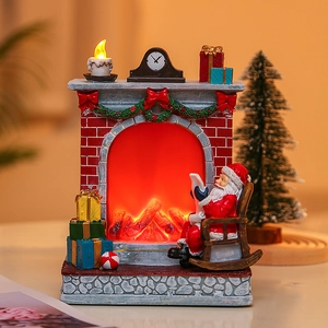 Christmas Fireplace Miniature Ornament With Music And LED Light Santa Claus Reading On Rocking Chair Resin Holiday Decoration