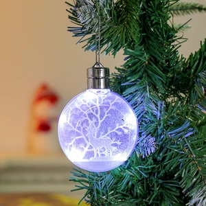 Close-up of glowing transparent Christmas ball with reindeer laser engraving