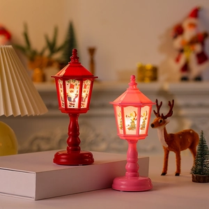 Vintage Christmas street lamp ornaments with festive patterns and warm glowing light