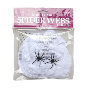 Ragnatela bianca estensibile con ragni di plastica neri per addobbi Halloween