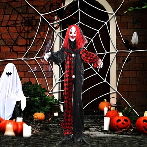 Standing Halloween clown animatronic with red hair and plaid suit for yard decoration