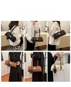 Collage of chic vintage shoulder bags in four colors styled with bear charms