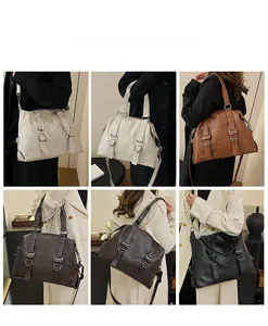 Collage showing solid color tote bags worn as crossbody and shoulder bags in four colors