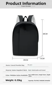 Detailed size chart for black water-repellent casual backpack measuring 28x38x13cm