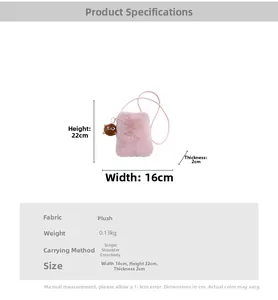 Pink plush crossbody bag dimensions 16x22x2cm with brown furry big-eye charm detail