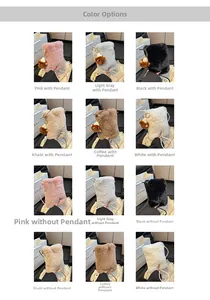 Detail view of plush crossbody phone bags in six colors with or without cute charms