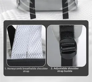 Detail of breathable honeycomb mesh shoulder straps and adjustable buckle on grey backpack