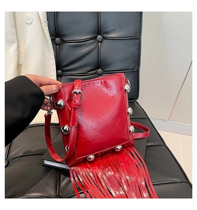 Detail of red leather bucket bag featuring silver rivets and long fringe tassels