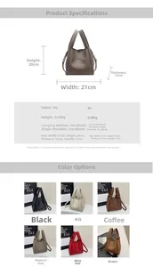 Size chart for high-quality PU bucket bag with dimensions and multiple colors