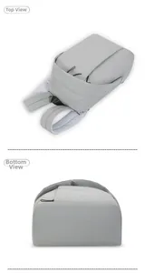 Detailed bottom view and back structure of a grey minimalist travel backpack with padded straps