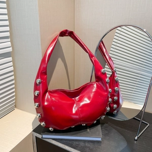 Women Trendy Punk Rivet Shoulder Bag Fashion Motorcycle Style PU Leather Underarm Hobo Bag Versatile Streetwear Half Moon Bag