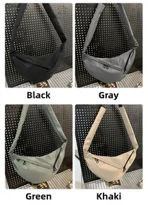 Detailed comparison of nylon crescent crossbody bags in black, grey, green, and khaki