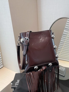 Women Tassel Bucket Bag Fashion PU Leather Rivet Decor Crossbody Bag Bohemian Style Small Shoulder Bag For Daily Use
