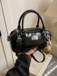 Women Fashion Shiny Synthetic Leather Bowling Bag Versatile Boston Shoulder Bag With Pendant Casual Commuting Handbag