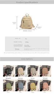 Detailed size guide and color options for women's PU leather lightweight backpack
