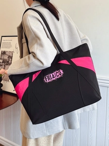 Large capacity black and pink canvas tote bag with contrast stitching for women