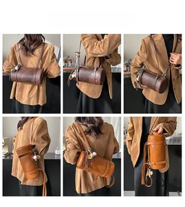 Collage of model wearing vintage brown leather bolster bag with various carry styles