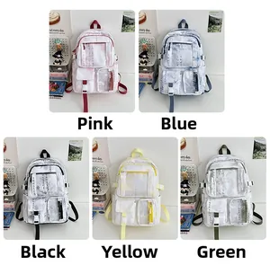 Detail of five colorful canvas school backpacks with artistic prints in a collage view