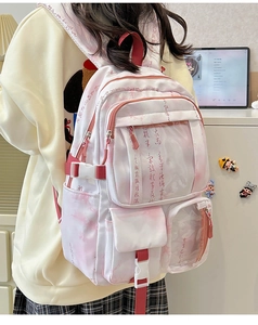 Detailed back view of a pink ink-wash style backpack with traditional Chinese calligraphy