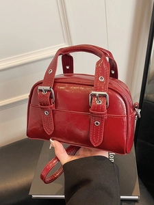 Sac Boston Rétro en Cuir PU pour Femme Avec Boucle Argentée Petit Sac à Main Bandoulière Mode Quotidienne Brillant