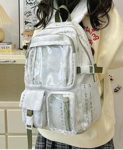 Detail of Chinese style backpack featuring traditional landscape print and PVC pockets