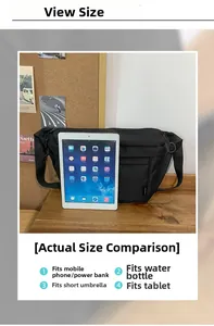 Detailed view of spacious black nylon crossbody bag capacity shown next to a tablet