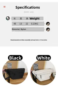 Size chart showing nylon crossbody bag dimensions 48x13x22cm and available colors