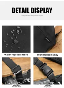 Detail view of waterproof nylon crossbody bag showing buckle, strap and brand label
