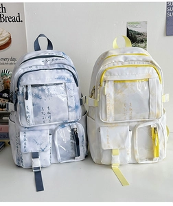 Detail view of large capacity backpack with Chinese calligraphy pattern and PVC pockets