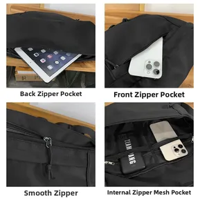 Detailed views of crossbody bag featuring back iPad pocket and internal mesh storage