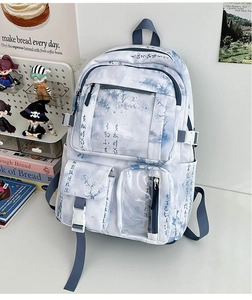 Detail of Chinese ink landscape backpack with transparent card slot and plastic buckle