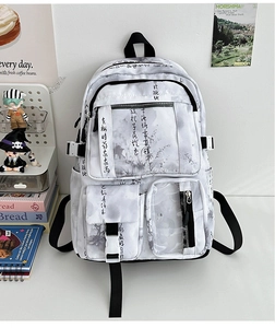 Detail of Chinese ink calligraphy print on large capacity backpack with multi-pocket design