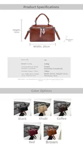 Detailed size chart and specifications for the PU leather crossbody bag 20x12x9cm