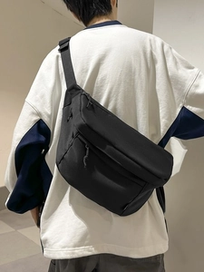 Japanese style black crossbody chest bag for men with multi-zipper pockets and wide strap
