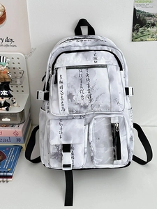 Large Capacity Nylon Waterproof Backpack For Girls New Chinese Style Calligraphy Ink Wash Print Multi Pocket Aesthetic School Bag