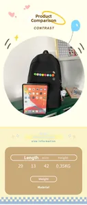 Size comparison of a black nylon backpack with a tablet, featuring a plush toy pendant