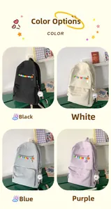 Showcase of minimalist school backpacks in black, white, blue, and purple color options
