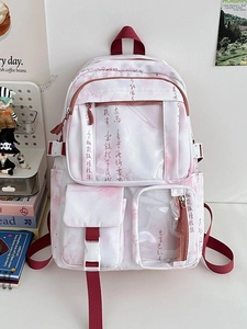 Pink gradient Chinese calligraphy backpack with large capacity and transparent pocket