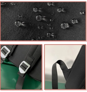 Detail of waterproof nylon fabric with water droplets and reinforced strap stitching
