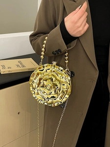 Exquisite gold rose-shaped hard shell clutch bag with beaded handle and chain strap