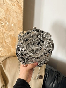 Silver 3D rose flower metal hard shell clutch with pearl handle and chain strap