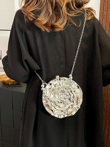 Silver metallic rose shaped chain shoulder bag with floral 3D texture for women