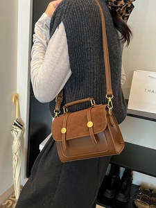 Retro brown contrast crossbody bag with suede flap and vintage buckle for women