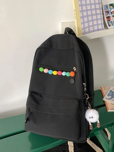 Korean Style Nylon School Backpack For Women Girls Waterproof Fashion Student Bag With Plush Monster Charm Pom Poms
