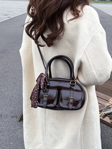 Vintage dark brown Boston bag with double front pockets and polka dot silk scarf detail