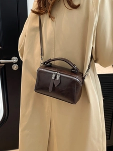 Minimalist coffee brown square crossbody bag with silver hardware for women
