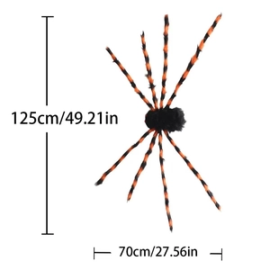 Detalle de araña gigante de Halloween de 125cm mostrando dimensiones y patas flexibles