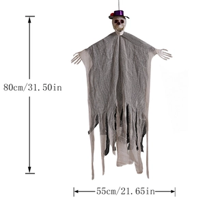 Squelette fantôme d'Halloween avec chapeau violet, hauteur 80cm et largeur 55cm